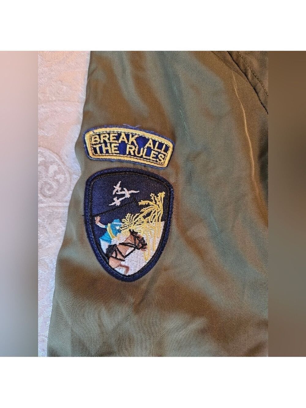 Atmosphere Green Bomber Jacket with Super Cool Unique Patches, Zippers, Size 10 - Picture 7 of 12
